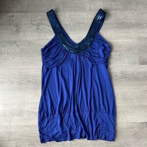 2000s Y2K Ripe blue sequin big V long tank top size L